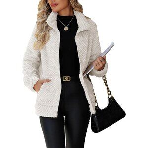 Women's Full Zip Stand Collar Fleece Sherpa Jacket with Pockets White